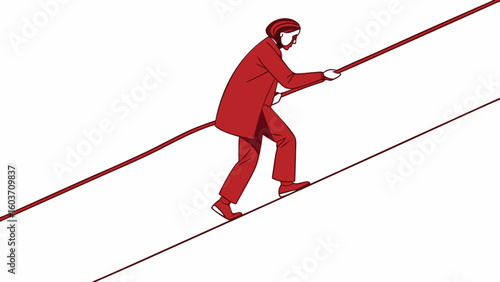 Illustration of man walking tightrope balancing act challenge risk concept for business success and career path