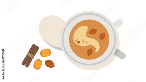 Delicious chai latte recipe with cinnamon sticks and almonds for a cozy autumn beverage drink