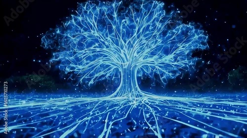 Glowing tree roots growing in dark space