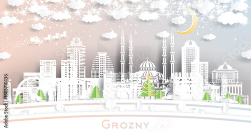 Grozny. Russia. Winter city skyline in paper cut style with snowflakes, moon and neon garland. Christmas and new year. Santa Claus on sleigh. Grozny cityscape with landmarks.