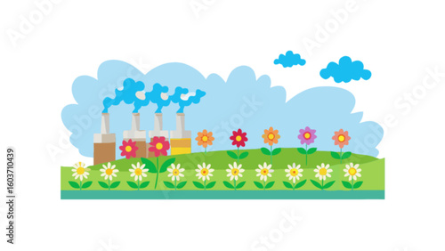 Factory pollution with flowers garden illustration concept environmental issue and nature balance design