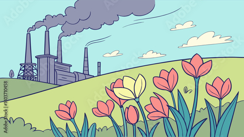 Illustration of pollution from factory with flowers in foreground environmental art vector design