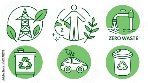 Eco and sustainability flat icon set including green energy recycling zero waste clean water and eco friendly lifestyle vector illustrations




