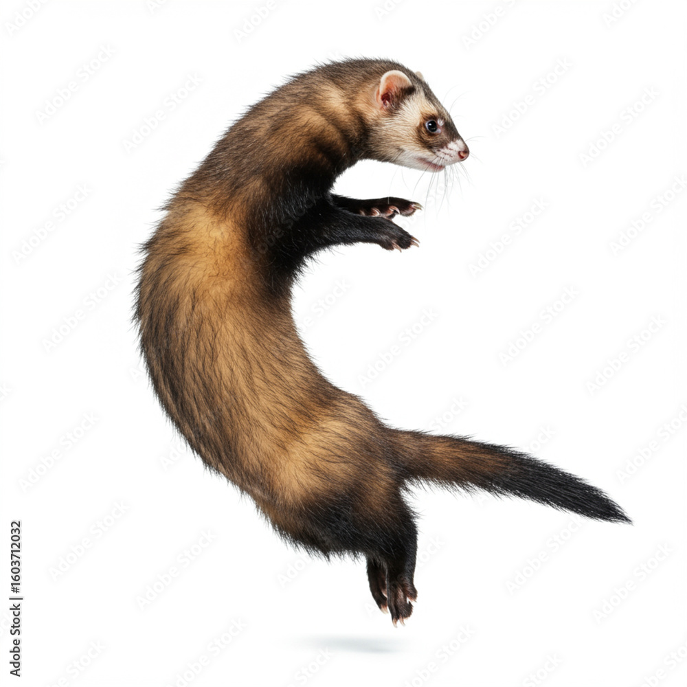 Playful Ferret Mid-Air Pounce: Energetic Leap on White, High Detail, 8K. Playful Ferret Mid-Air Pounce: Energetic Leap on White, High Detail, 8K.