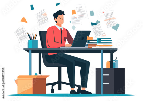 exhausted businessman working at desk with laptop surrounded by flying papers stacks of documents and cardboard box stressful office workload concept flat vector illustration