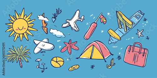Hand drawn summer travel doodle set with sun palm tree airplane tent luggage starfish beach ball and flip flops on blue background vector illustration