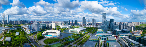 Panoramic Aerial view of Shanghai’s Qiantan International Business District on sunny day.