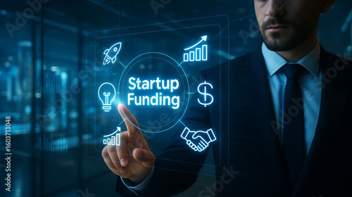 Startup funding business concept with entrepreneur pressing virtual button showing capital investment financial icons and innovation symbols