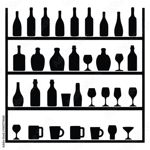 Elegant silhouette of bar shelf filled with bottles and glassware for stylish designs and presentations