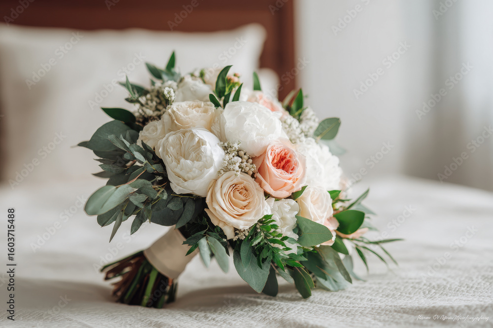 Obraz premium elegant wedding bouquet featuring harmonious blend of roses peonies and greenery set against clean white background