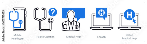 A set of 5 mix icons as mobile healthcare, health question, medical help