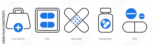A set of 5 mix icons as first aid kit, pills, bandage