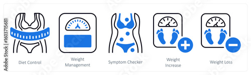 A set of 5 mix icons as diet control, weight management, symptom checker
