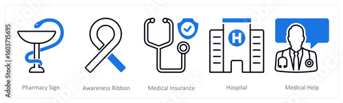 A set of 5 mix icons as pharmacy sign, awareness ribbon, medical insurance