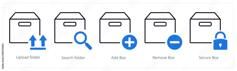 Obraz premium A set of 5 mix icons as upload folder, search folder, add box