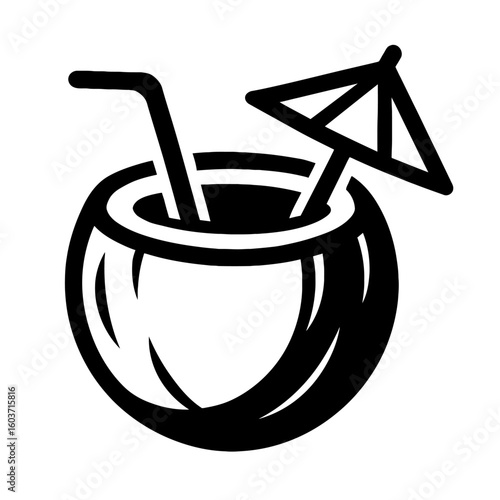 Tropical Coconut Drink with Straw and Umbrella - Refreshing Beverage Illustration