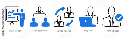 A set of 5 mix icons as presentation, meeting room, duties transfer