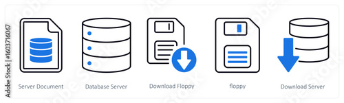 A set of 5 mix icons as server document, database server, download floppy