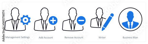 A set of 5 mix icons as management settings, add account, remove account