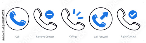 A set of 5 mix icons as call, remove contact, calling