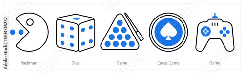 A set of 5 mix icons as packman, dice, game