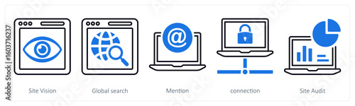 A set of 5 mix icons as site vision, global search, mention