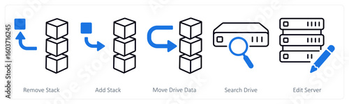 A set of 5 mix icons as remove stack, add stack, move drive data
