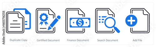 A set of 5 mix icons as duplicate content, certified document, finance document
