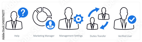 A set of 5 mix icons as help, marketing management, management settings
