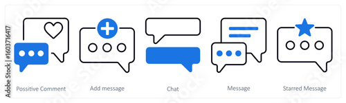 A set of 5 mix icons as positive comment, add message, chat