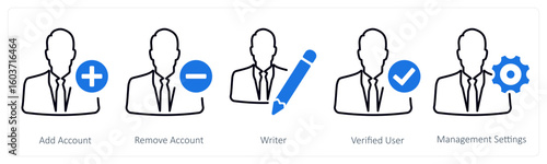A set of 5 mix icons as add account, remove account, writer