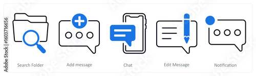 A set of 5 mix icons as search folder, add message, chat