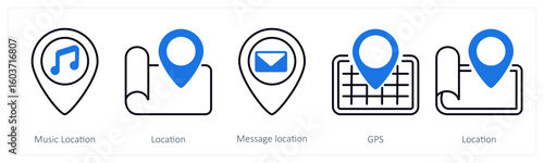 A set of 5 mix icons as music location, location, message location