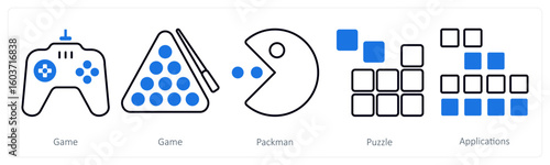 A set of 5 mix icons as game, packman, puzzle