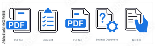 A set of 5 mix icons as pdf file, checklist, settings document
