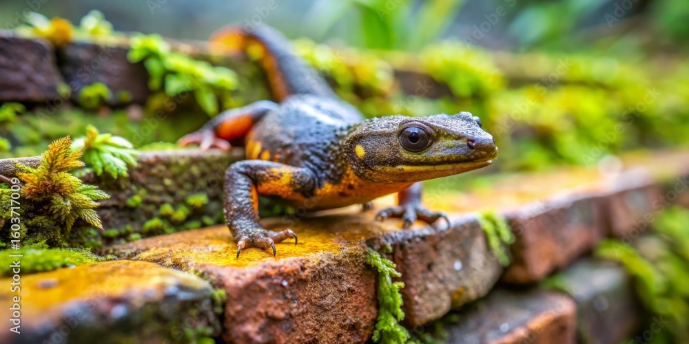 Fototapeta premium A Vibrant Amphibian Perched on Mossy Bricks, Exhibiting Striking Colors and Textures in a Lush, Natural Setting