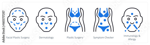 A set of 5 mix icons as facial plastic surgery, dermatology, plastic surgery