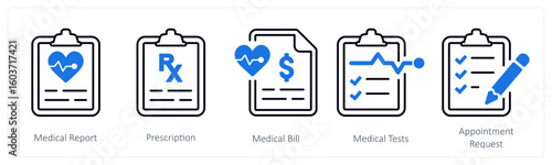 A set of 5 mix icons as medical report, prescription, medical bill