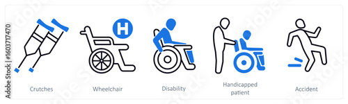 A set of 5 mix icons as crutches, wheel chair, disability
