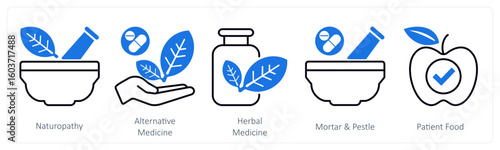 A set of 5 mix icons as naturopathy, alternative medicine, herbal medicine
