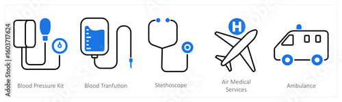 A set of 5 mix icons as blood pressure kit, blood transfusion, stethoscope