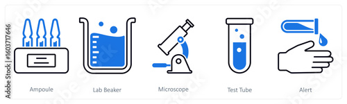 A set of 5 mix icons as ampoule, lab beaker, microscope