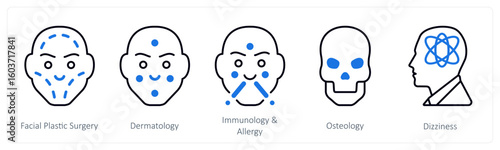 A set of 5 mix icons as facial plastic surgery, dermatology, immunology and allergy