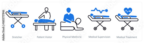 A set of 5 mix icons as stretcher, patient visitor, physical medicine