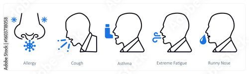 A set of 5 mix icons as allergy, cough, asthma