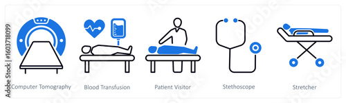 A set of 5 mix icons as computer tomography, blood transfusion, patient visitor