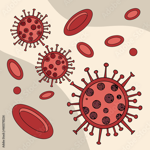 Microscopic view of virus cells spreading in the bloodstream generated by ai