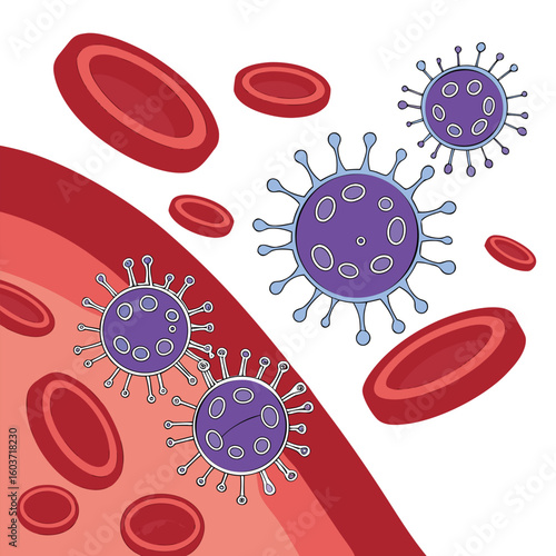 Microscopic view of virus cells spreading in the bloodstream generated by ai