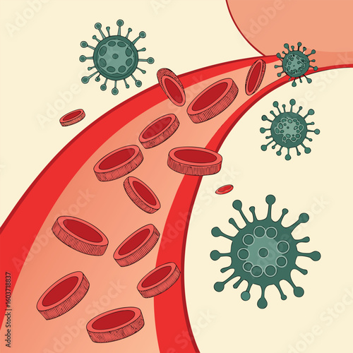 Microscopic view of virus cells spreading in the bloodstream generated by ai