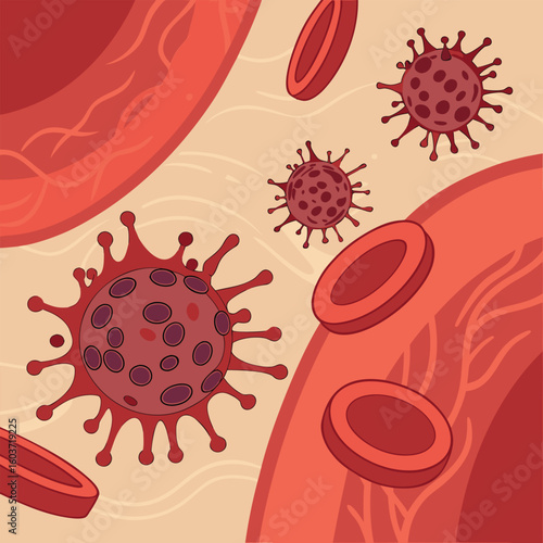 Microscopic view of virus cells spreading in the bloodstream generated by ai